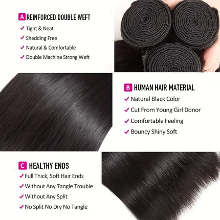 Brazilian Straight Human Hair Bundles with Frontal Closure 100% Virgin Hair Straight Weave 3 Bundles with 13x4 Lace Frontal Hair