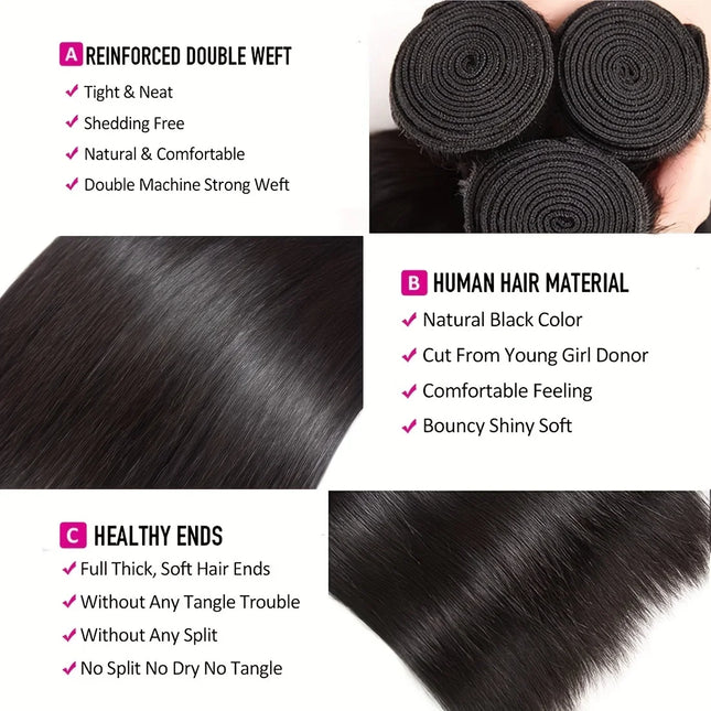 Brazilian Straight Human Hair Bundles with Frontal Closure 100% Virgin Hair Straight Weave 3 Bundles with 13x4 Lace Frontal Hair