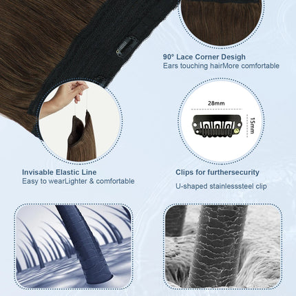 Real Human Hair Halo Hair Extensions with Invisible Wire Adjustable Band Secret Clip-in Extensions for Women 2 Oz Medium Brown