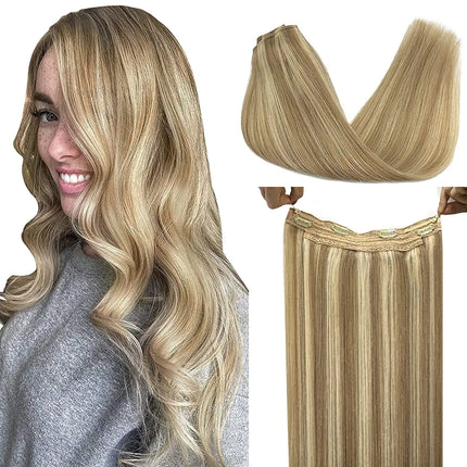 Sunmofavo Invisible Wire Remy Human Hair Extensions Brown Ombre Straight Seamless Fish Line Daily Wear Volume Boost Soft Silky