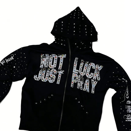 Y2K rhinestone-studded hooded sweatshirt with a NOT JUST LUCK PRAY letter print, perfect for everyday wear.