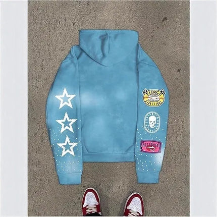 Full-printed Hooded Zipper Sweatshirt with Star Letters Loose and Casual Cardigan for Men