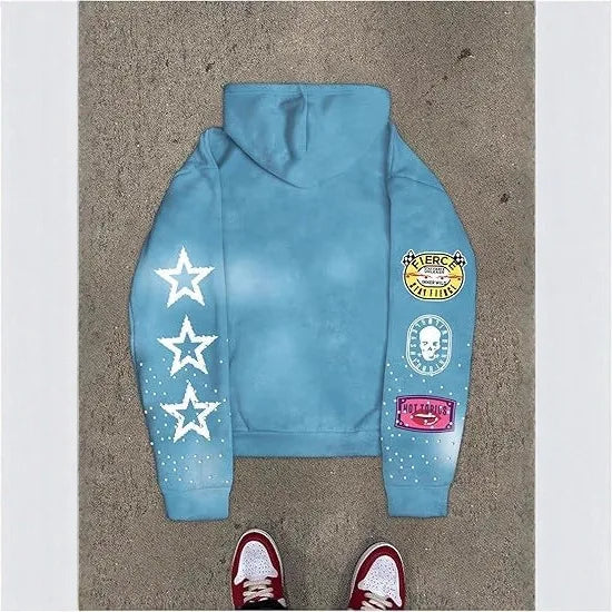 Men's Full-Printed Hooded Zipper Sweatshirt with Star Letters - Loose and Casual Cardigan