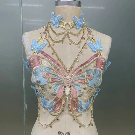 Women's Butterfly Embroidered Top Crystal Chain Sleeveless Cropped Top Camisole Backless Adjustable Sexy Beach Holiday Y2K Top