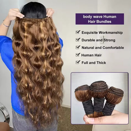 Human Hair Bundles Body Wave Bundles Remy 4/27 Highlight Hair Piano Color Hair Honey Blonde Highlight  1 2 3 4 Bundles For Women