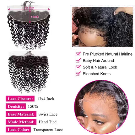 Kinky Curly 13x4 Transparent Lace Frontal 4x4 Lace Closure Deep Wave Water Wave Lace Closure 100% Human Hair Remy Pre Plucked