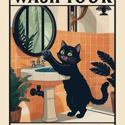 Cute Wash Paws Cat Canvas Print Kawaii WashRoom Bathroom Nursery Wall Art Poster for Modern Living Room Bedroom Home Decor