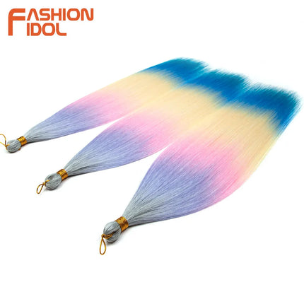 FASHION IDOL 28inch/3PCS Ariel Straight Hair Bundles Crochet Hair Synthetic Braiding Hair Ombre Rainbow Braids Hair Extensions