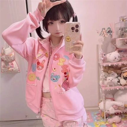 Pink Kawaii Plaid Hoodies Coat Japanese 2026 Women's Clothing Y2k Zippper Long Sleeve Hooded Cartoon Pattern Pocket Sweatshirts