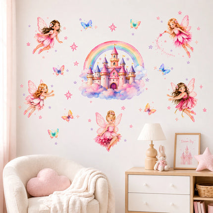 Cute Princess Castle and Fairy Wall Sticker Set,Rainbow Butterfly Wall Stickers,for Girls' Bedrooms - Decor for Kids Rooms