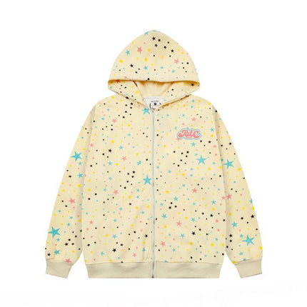 Ins Fashion Women's Full Print Star Zipper Hoodie Sweatshirt Japanese Streetwear Casual Long Sleeve Pullover for Autumn Winter