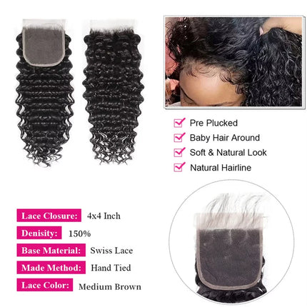 Kinky Curly 13x4 Transparent Lace Frontal 4x4 Lace Closure Deep Wave Water Wave Lace Closure 100% Human Hair Remy Pre Plucked