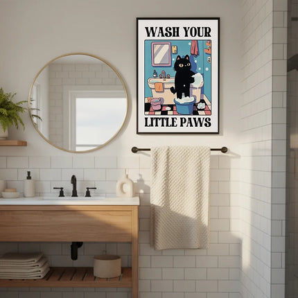 Cute Wash Paws Cat Canvas Print Kawaii WashRoom Bathroom Nursery Wall Art Poster for Modern Living Room Bedroom Home Decor