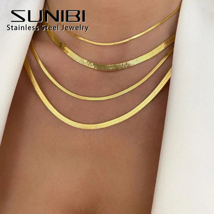 SUNIBI Stainless Steel Snake Chain Necklace for Woman Gifts Choker Herringbone Gold Color Necklaces Women Jewelry Wholesale