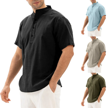Loose Oversized Cotton Linen Short-sleeved Men's T-shirt Collar Buckle Half-open Shirt Korean Fashion Men Clothing New 2020