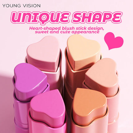 YOUNG VISION 6-Color Matte Heart Blush, Contour Stick, Face Sculpting Mousse Blush, and Lipstick 3-in-1, gift 1pcs makeup brush