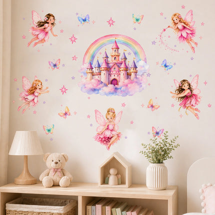 Cute Princess Castle and Fairy Wall Sticker Set,Rainbow Butterfly Wall Stickers,for Girls' Bedrooms - Decor for Kids Rooms