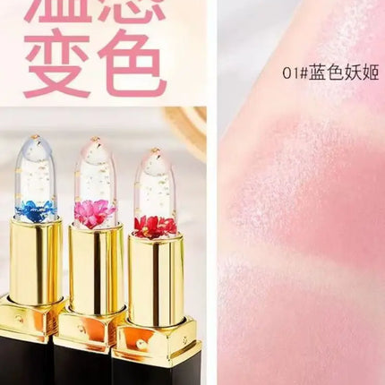 Color Changing Flower Jelly Lipstick Moisturizing Lip Balm with Gold Foil Temperature Sensory Cosmetic Makeup