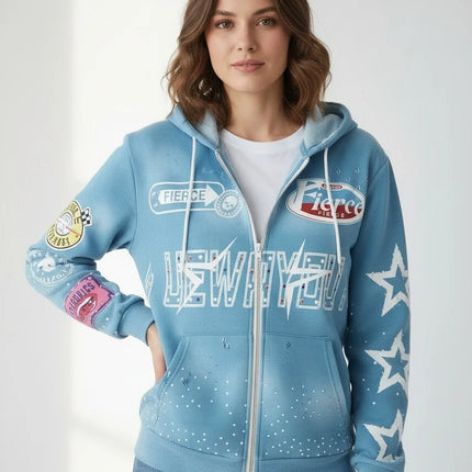 Full-printed Hooded Zipper Sweatshirt with Star Letters Loose and Casual Cardigan for Men