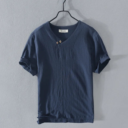 Loose Oversized Cotton Linen Short-sleeved Men's T-shirt with Buckled Collar, Half-open Shirt, Korean Fashion Men's Clothing 2020 New