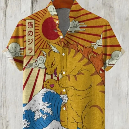 Men's Samurai Hawaiian Shirt Casual Short Sleeve Top Loose Clothing Fashion Retro Summer Shirt