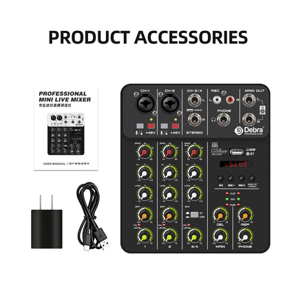 Debra NEW V4 Audio Mixing Console Bluetooth USB Record PC 48V Phantom Power Delay Repaeat Effect 4 Channels USB Audio Mixer.