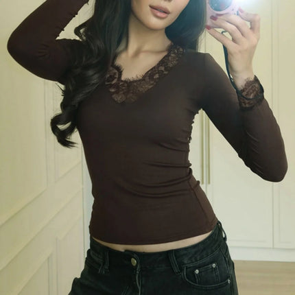 Women's Solid Lace Splicing Tee Soft Slim V Neck Sexy Long Sleeve T-shirts Commuting Fashionable Casual Spring Autumn Simple Tops