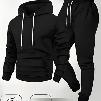 Men's Fashion Print Hooded Sweatshirt Set Autumn Winter Casual Loose Wide Fit Sportswear with Pockets Comfortable Fleece Top