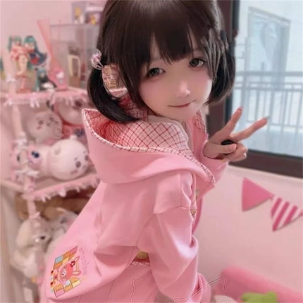 Pink Kawaii Plaid Hoodies Coat Japanese 2026 Women's Clothing Y2k Zippper Long Sleeve Hooded Cartoon Pattern Pocket Sweatshirts