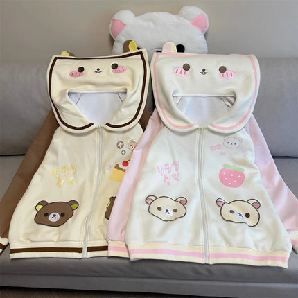 Spring Japanese Cute Cartoon Punk Sailor Collar Patchwork Sweatshirt Women Autumn Winter Loose Long Sleeve Tops Kawaii Hoodie
