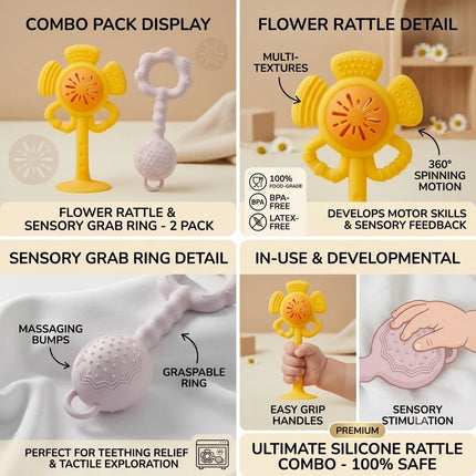 Silicone Baby Rattle and Teether Toy Set with Suction Cup Base Flower Shaker Infant Grasping Toy Food Grade BPA Free