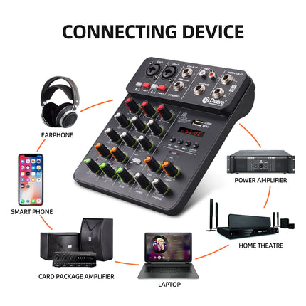 Debra NEW V4 Audio Mixing Console Bluetooth USB Record PC 48V Phantom Power Delay Repaeat Effect 4 Channels USB Audio Mixer.