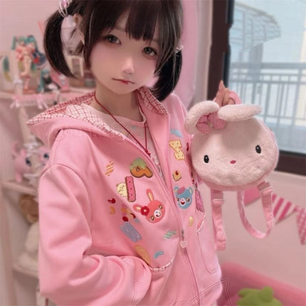 Pink Kawaii Plaid Hoodies Coat Japanese 2026 Women's Clothing Y2k Zippper Long Sleeve Hooded Cartoon Pattern Pocket Sweatshirts