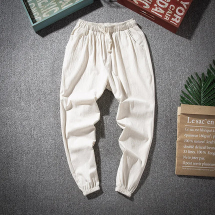 Cotton Linen Harem Pants Men Solid Elastic Waist Streetwear Joggers 2022 New Baggy Drop-crotch Pants Casual Trousers Men Running