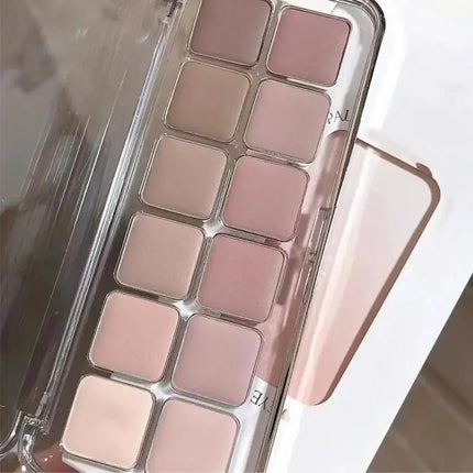 12-color eyeshadow palette with earth-toned shimmer and matte finish suitable for daily use