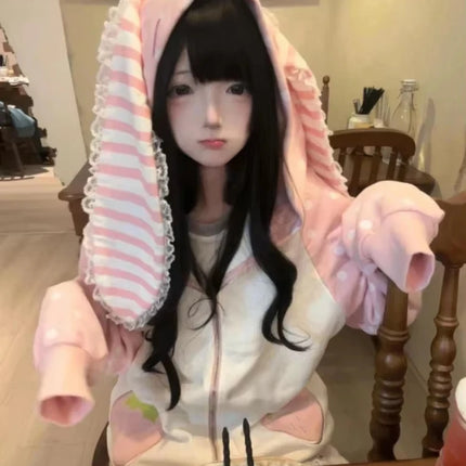 Dot Print Patchwork Women Grunge Hoody Top Rabbit Ears Japanese Kawaii Loose Hoodies Y2k Aesthetic Fairy Strawberry Sweatshirt