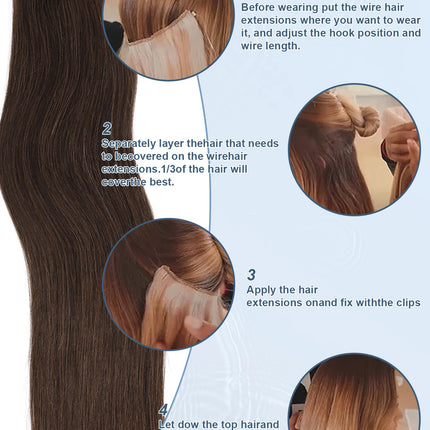 Real Human Hair Halo Hair Extensions with Invisible Wire Adjustable Band Secret Clip-in Extensions for Women 2 Oz Medium Brown