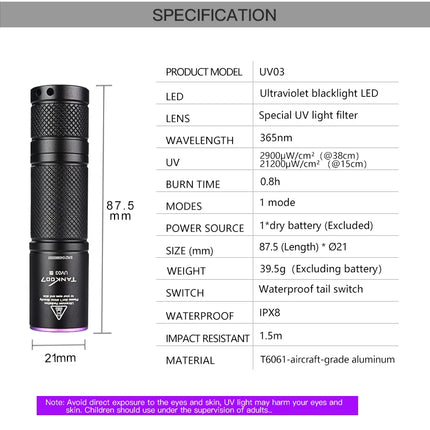 TANK007 UV03 365nm Professional Ultraviolet Flashlight Aluminum EDC Handheld UV Light for Jewelry Ore Leak Inspection