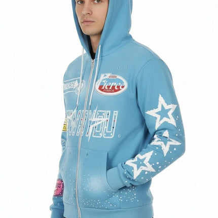 Full-printed Hooded Zipper Sweatshirt with Star Letters Loose and Casual Cardigan for Men