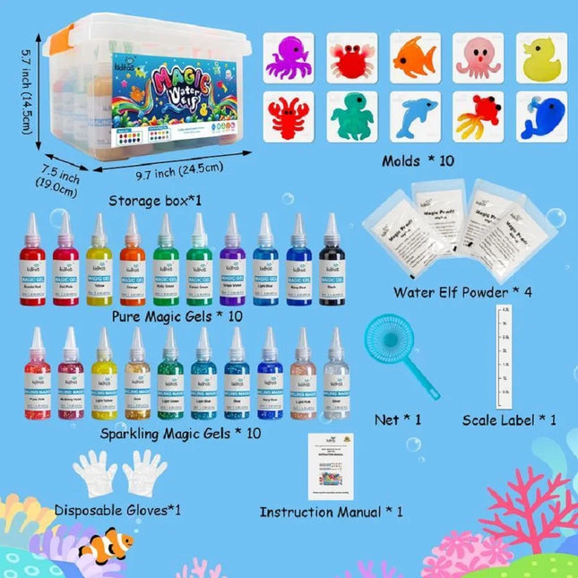Kiditos Magic Water Elf Toy Kit – Squishies for Kids, 20 Gels & 10 Molds, Magic Gel Water Pets Sensory DIY Craft Kit, Party Favors & Summer Gifts for Kids Ages 3+