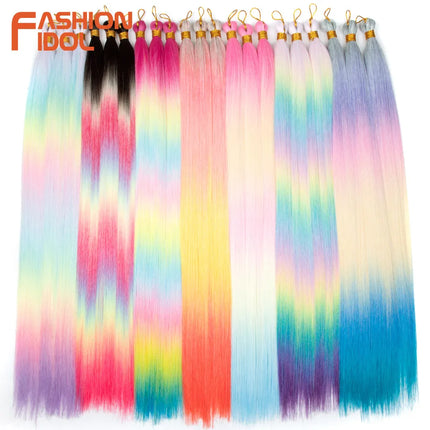 FASHION IDOL 28inch/3PCS Ariel Straight Hair Bundles Crochet Hair Synthetic Braiding Hair Ombre Rainbow Braids Hair Extensions