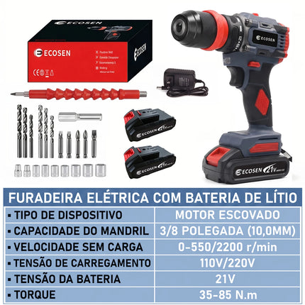 Furadeira Parafusadeira Brushless 21V 85N.m Com 2 Baterias, Kit Completo Com Acessórios E Carregador Bivolt