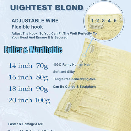 20 inch 100g Blond Halo Hair Extensions 100% Human Hair with Invisible Transparent Wire Adjustable Size Secure Clip on Hairpiece