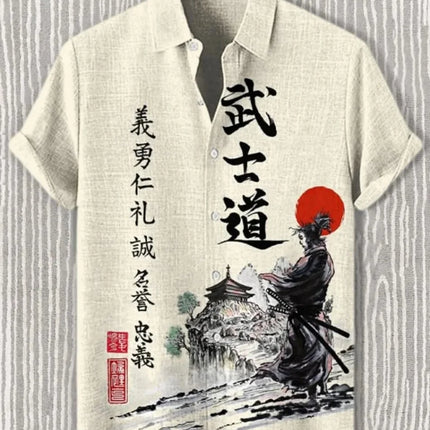 Men's Samurai Hawaiian Shirt Casual Short Sleeve Top Loose Clothing Fashion Retro Summer Shirt