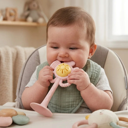 Silicone Baby Rattle and Teether Toy Set with Suction Cup Base Flower Shaker Infant Grasping Toy Food Grade BPA Free