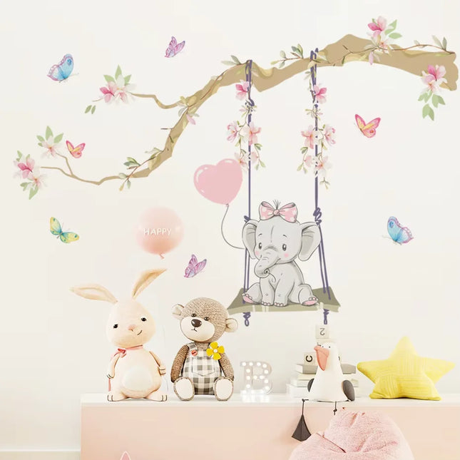 Pink Flowers Blooming Tree Branch Butterfly  Floral Watercolor Wall Stickers for Nursery Bedroom Living Room Wall Decals Murals