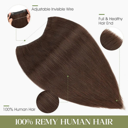 Real Human Hair Halo Hair Extensions with Invisible Wire Adjustable Band Secret Clip-in Extensions for Women 2 Oz Medium Brown