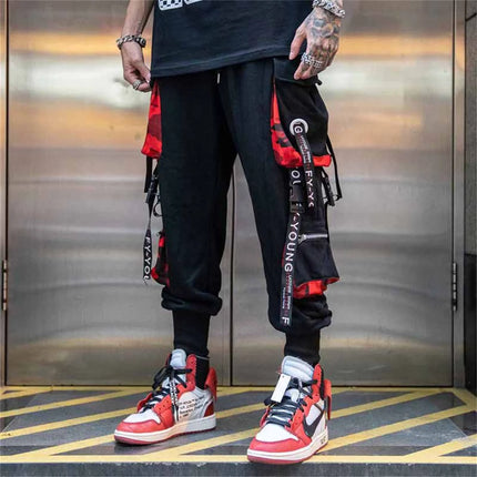 Men's Cargo Pants Hip Hop Hit Color Multiple Pockets Trousers Streetwear Ribbons Techwear Sweatpants Summer High Street Pants