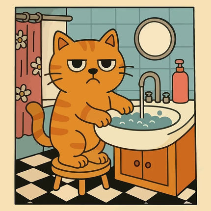 Cute Wash Paws Cat Canvas Print Kawaii WashRoom Bathroom Nursery Wall Art Poster for Modern Living Room Bedroom Home Decor