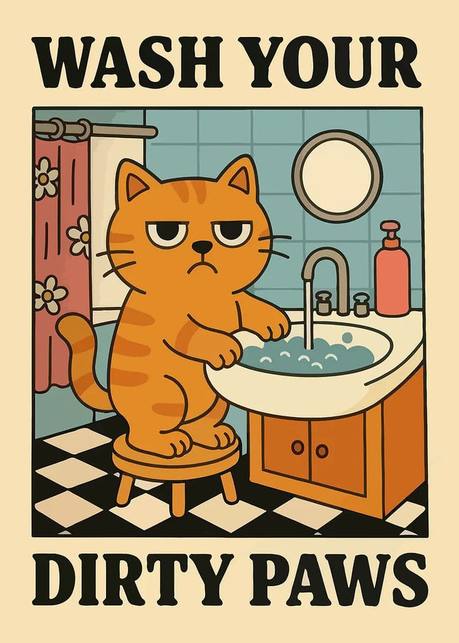 Cute Wash Paws Cat Canvas Print Kawaii WashRoom Bathroom Nursery Wall Art Poster for Modern Living Room Bedroom Home Decor